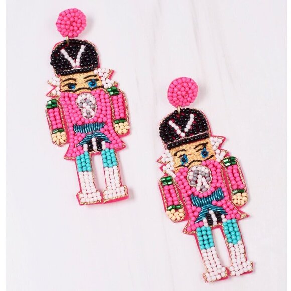 Pastel Beaded Nutcracker Earrings Pink - Picture 1 of 1